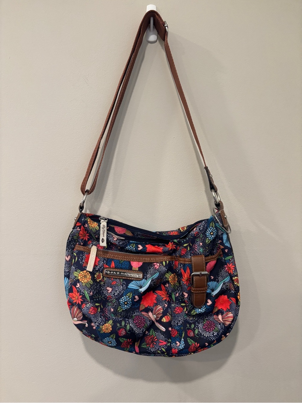 Lily Bloom Crossbody Navy Floral Bird Motif Shoulder Bag with Brown Strap Pocket